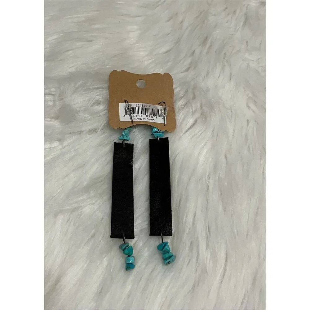 🆕 Justin Aztec Pattern Leather Earrings Multicolor Dangle Turquoise Bead - Picture 2 of 3